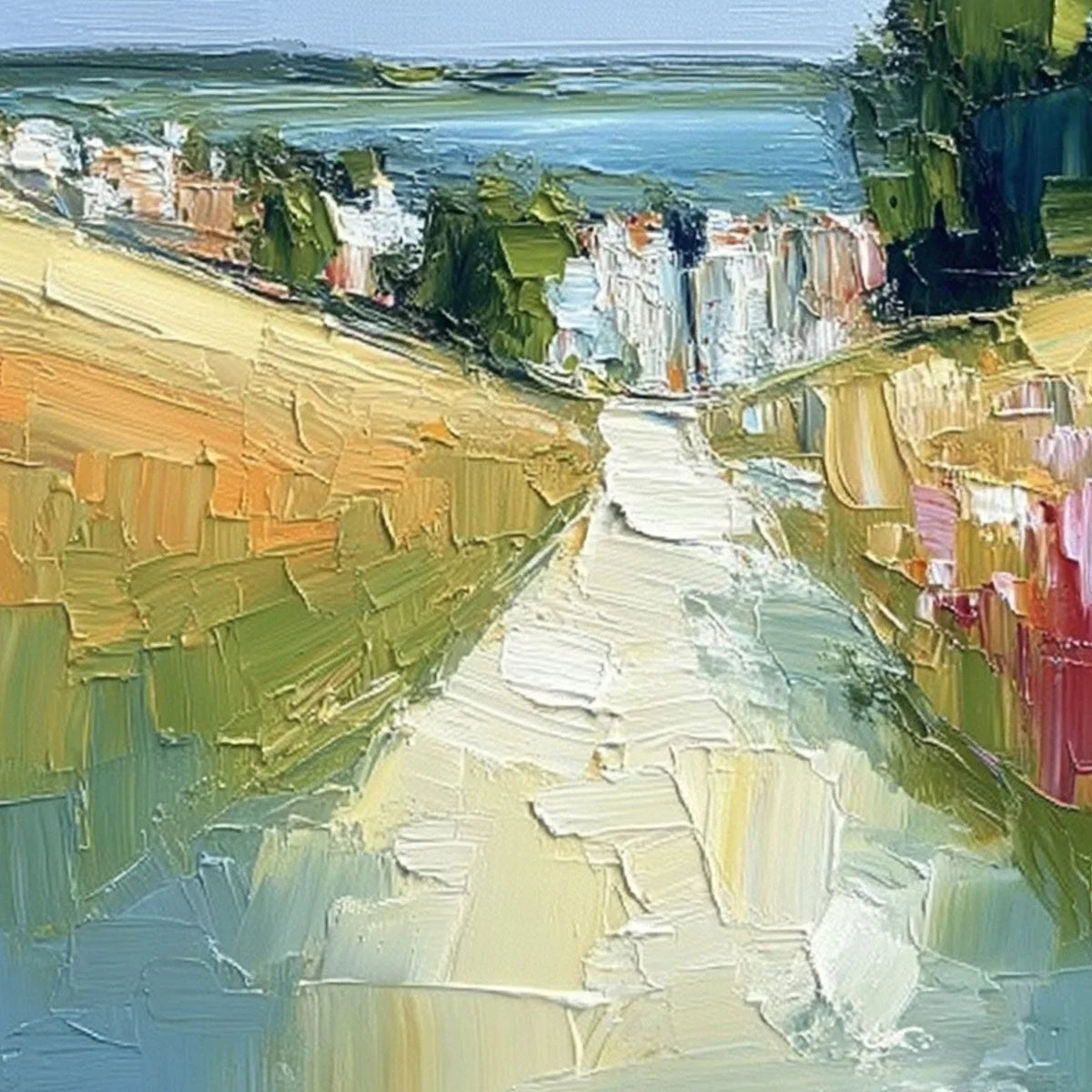 VIA AL MARE: Textured Impasto Painting of a Coastal Village Path | rectangular format, hand-painted canvas edge