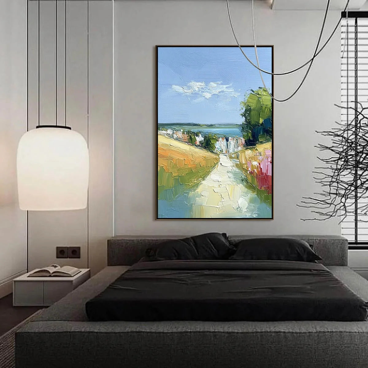 VIA AL MARE: Textured Impasto Painting of a Coastal Village Path | gold frame stretched on neutral wall