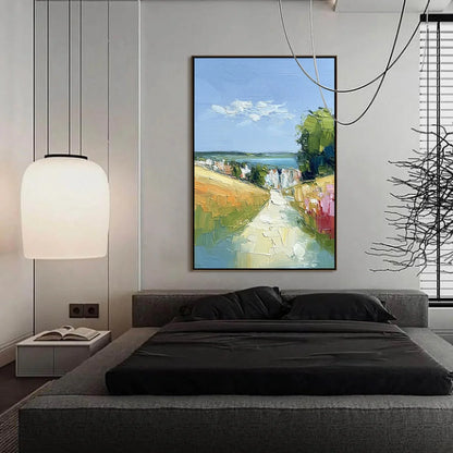 VIA AL MARE: Textured Impasto Painting of a Coastal Village Path | gold frame stretched on neutral wall