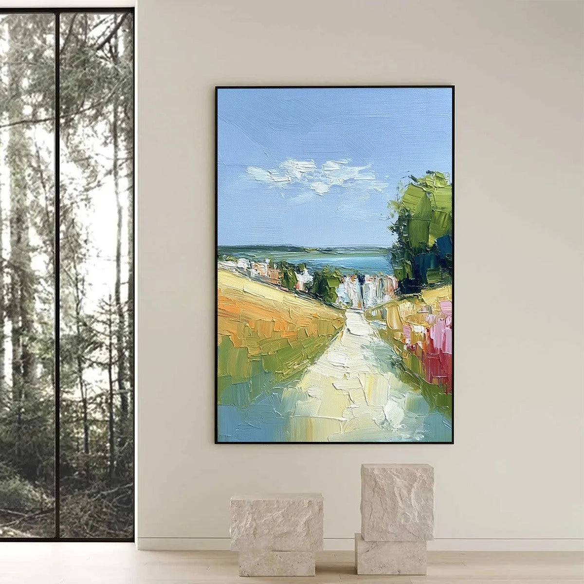 VIA AL MARE: Textured Impasto Painting of a Coastal Village Path | black frame version on white wall