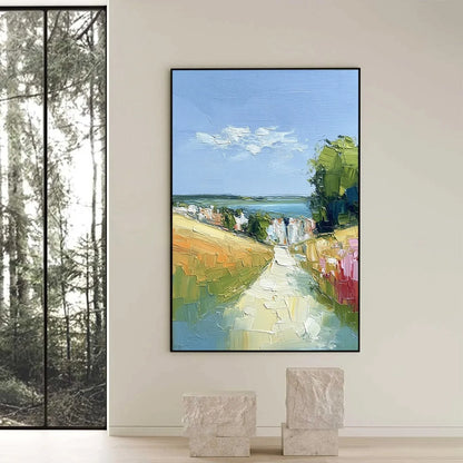 VIA AL MARE: Textured Impasto Painting of a Coastal Village Path | black frame version on white wall