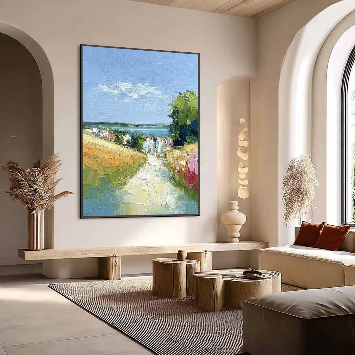 VIA AL MARE: Textured Impasto Painting of a Coastal Village Path | Abstract mood, soft natural light studio shot