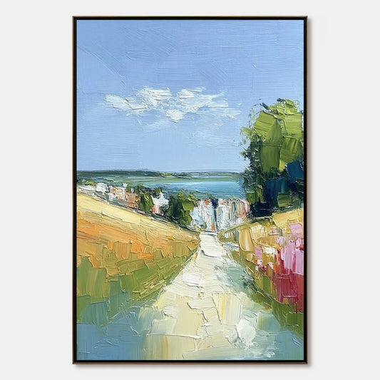 VIA AL MARE: Textured Impasto Painting of a Coastal Village Path | hanging in living room, Abstract wall art