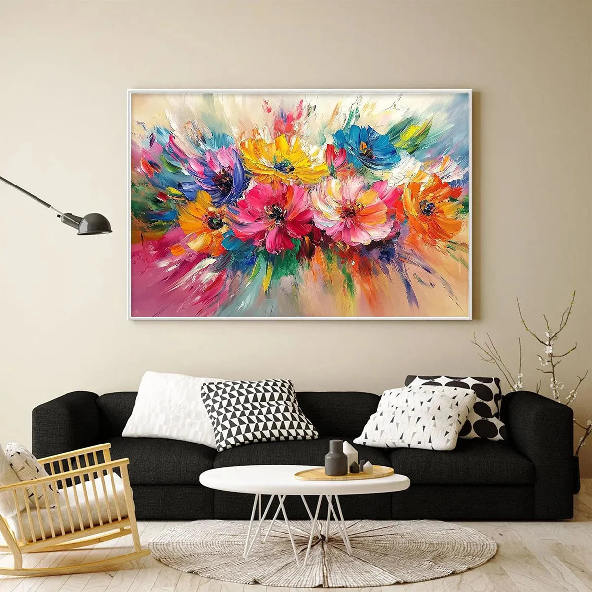 VIBRANT BLOOM: Impasto Floral Oil Painting in Vibrant Multicolor | rectangular format, hand-painted canvas edge