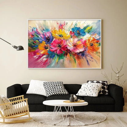 VIBRANT BLOOM: Impasto Floral Oil Painting in Vibrant Multicolor | rectangular format, hand-painted canvas edge