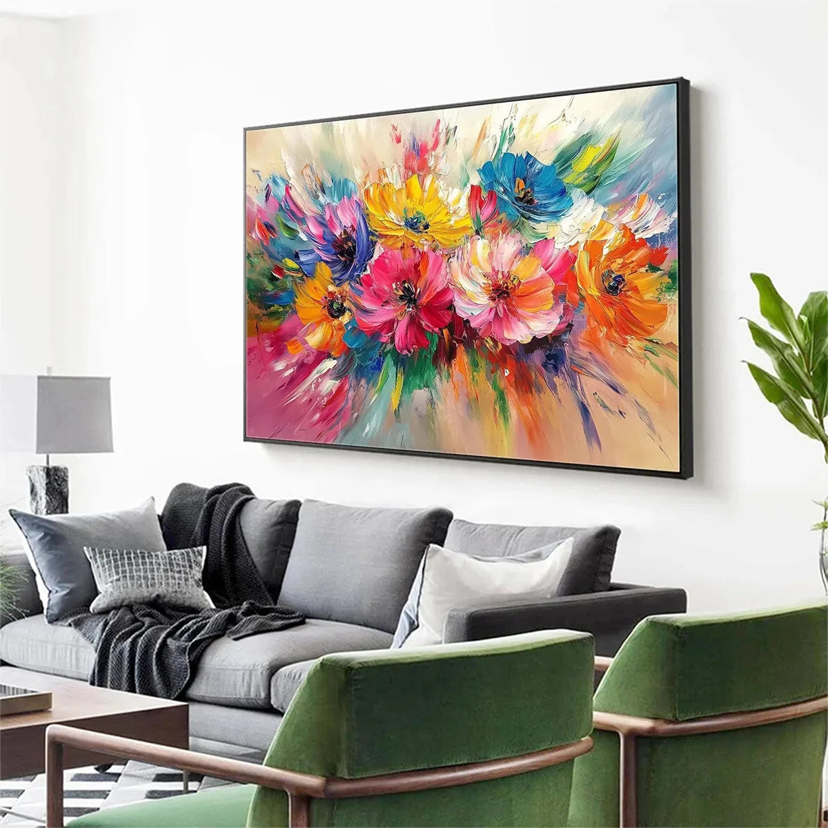 VIBRANT BLOOM: Impasto Floral Oil Painting in Vibrant Multicolor | gold frame stretched on neutral wall