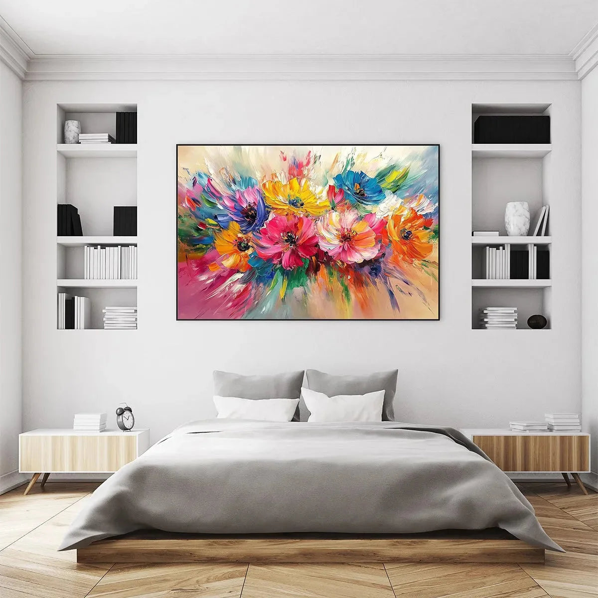 VIBRANT BLOOM: Impasto Floral Oil Painting in Vibrant Multicolor | black frame version on white wall
