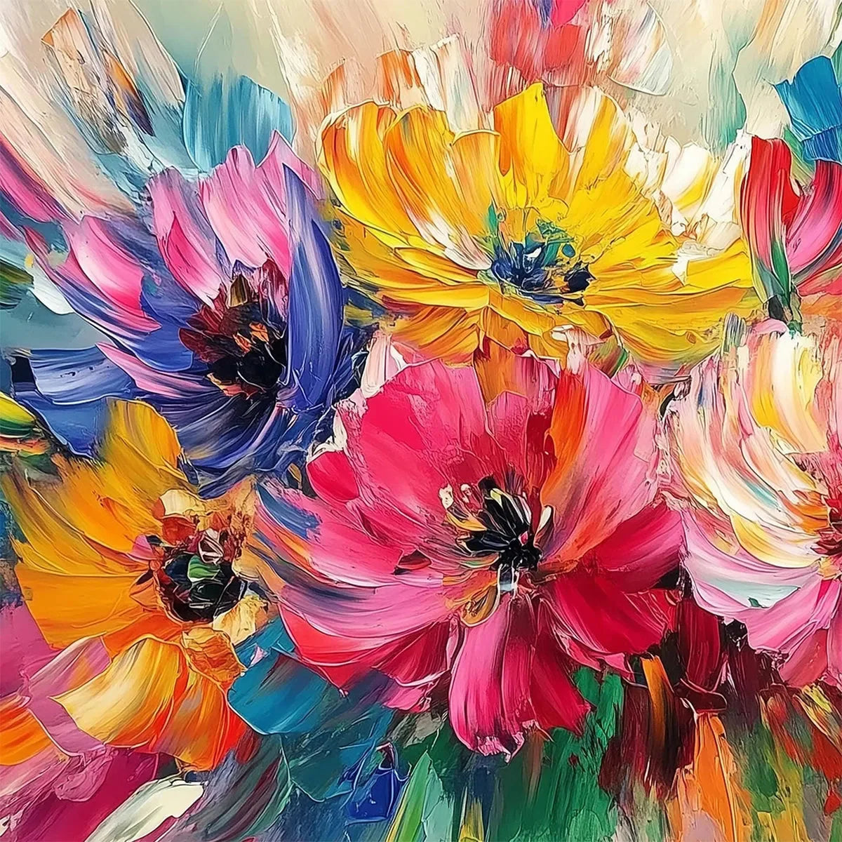 VIBRANT BLOOM: Impasto Floral Oil Painting in Vibrant Multicolor | Abstract mood, soft natural light studio shot
