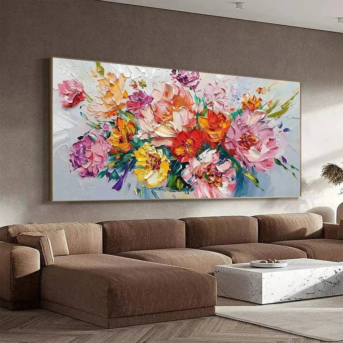 VIBRANT BOUQUET: Textured Impasto Floral Bouquet Painting in Vibrant Colors | gold frame stretched on neutral wall