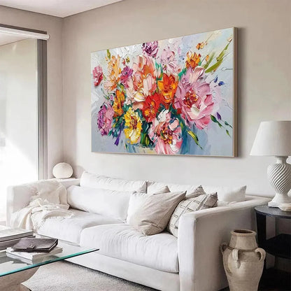 VIBRANT BOUQUET: Textured Impasto Floral Bouquet Painting in Vibrant Colors | black frame version on white wall