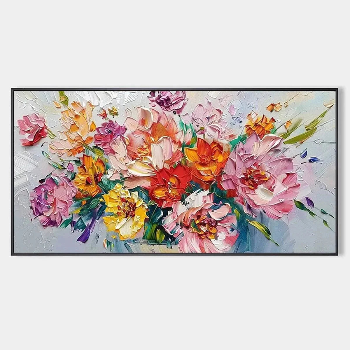 VIBRANT BOUQUET: Textured Impasto Floral Bouquet Painting in Vibrant Colors | hanging in living room, Abstract wall art
