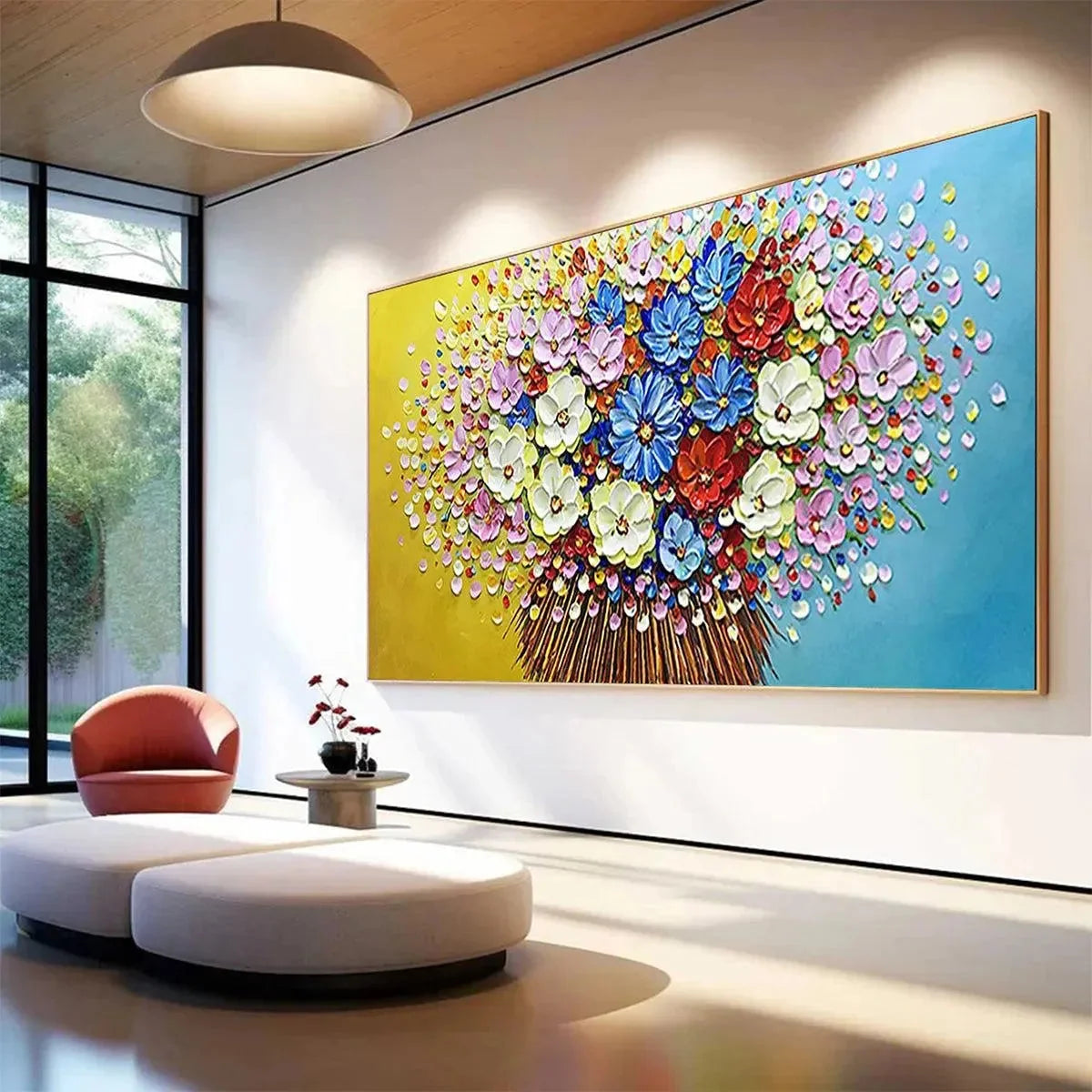 VIBRANT BOUQUET: Textured Impasto Floral Painting, Horizontal Wall Art | gold frame stretched on neutral wall