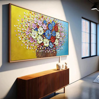 VIBRANT BOUQUET: Textured Impasto Floral Painting, Horizontal Wall Art | rolled canvas, ready for custom framing