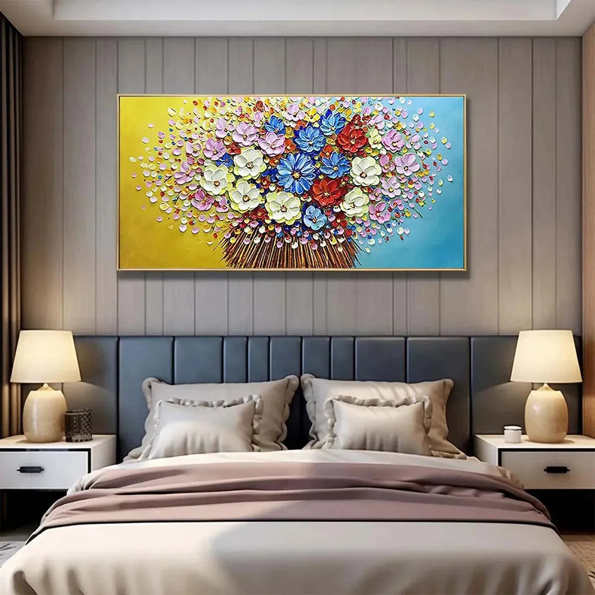 VIBRANT BOUQUET: Textured Impasto Floral Painting, Horizontal Wall Art | Abstract mood, soft natural light studio shot