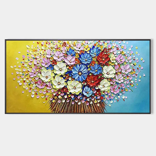 VIBRANT BOUQUET: Textured Impasto Floral Painting, Horizontal Wall Art | hanging in living room, Abstract wall art