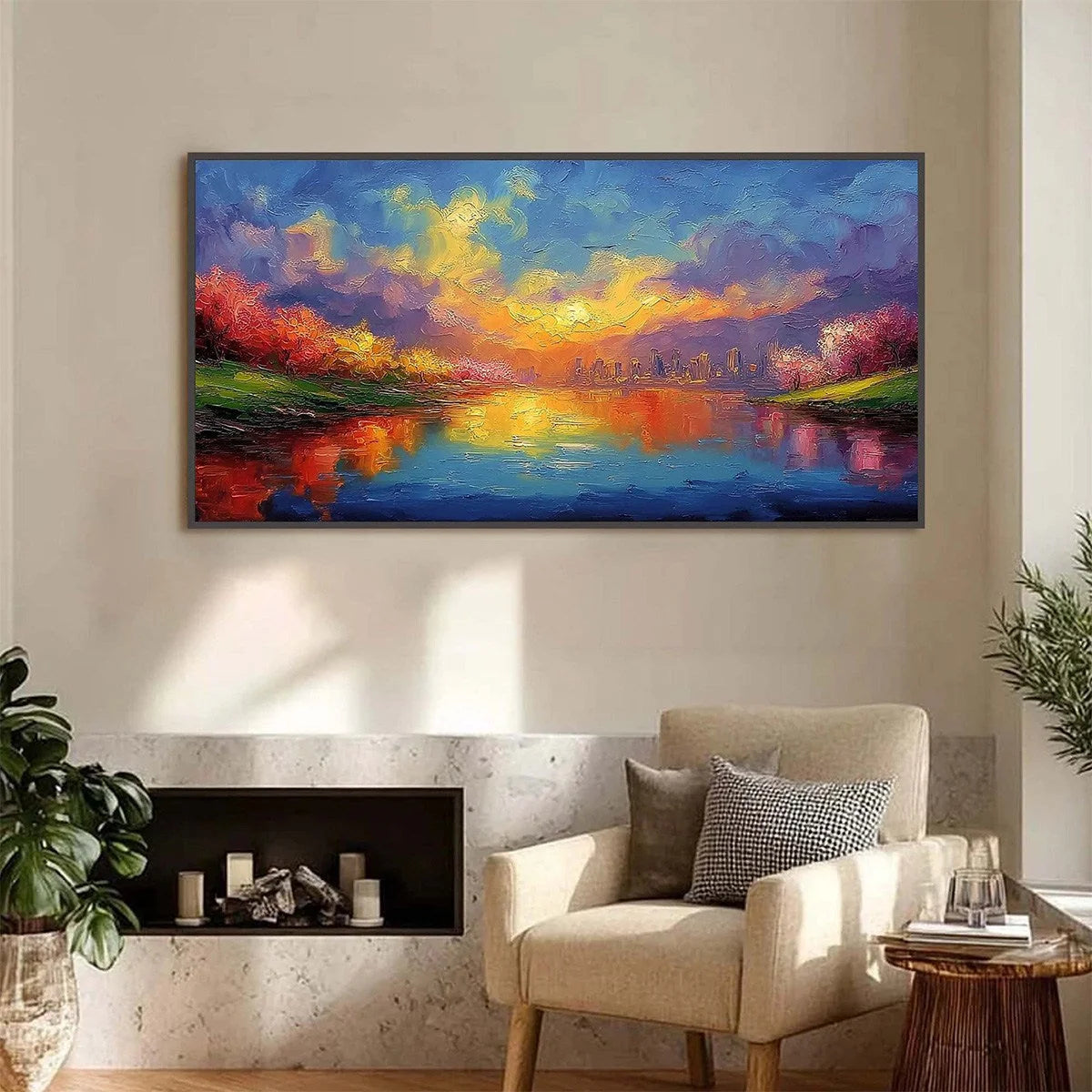 VIBRANT HORIZON: Textured Impasto Cityscape Sunset Painting | vibrant impasto closeup, raised brushwork detail