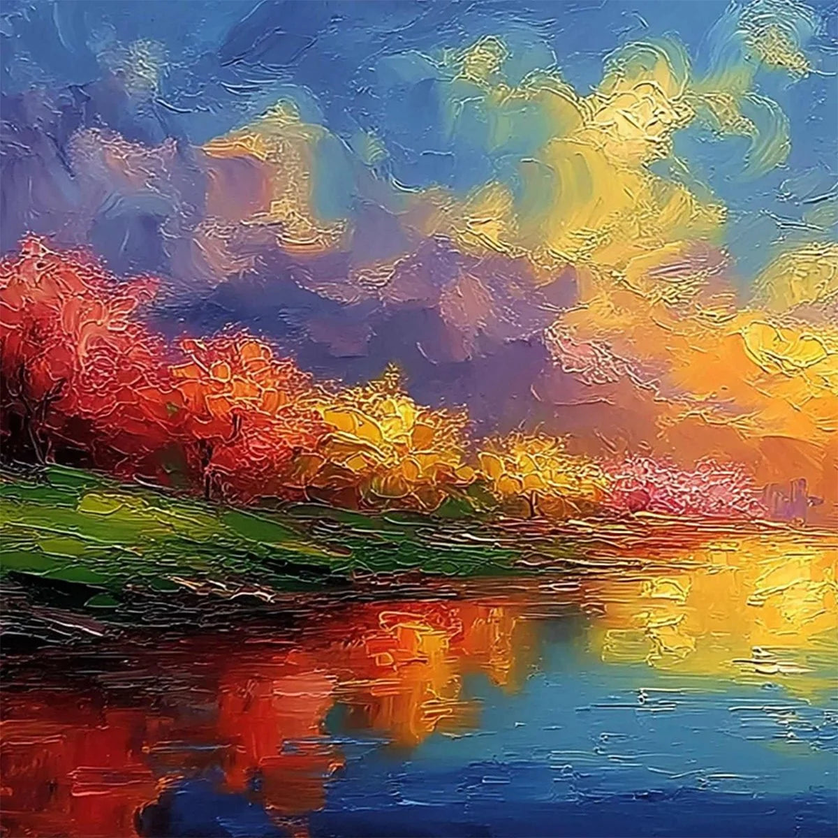 VIBRANT HORIZON: Textured Impasto Cityscape Sunset Painting | rectangular format, hand-painted canvas edge