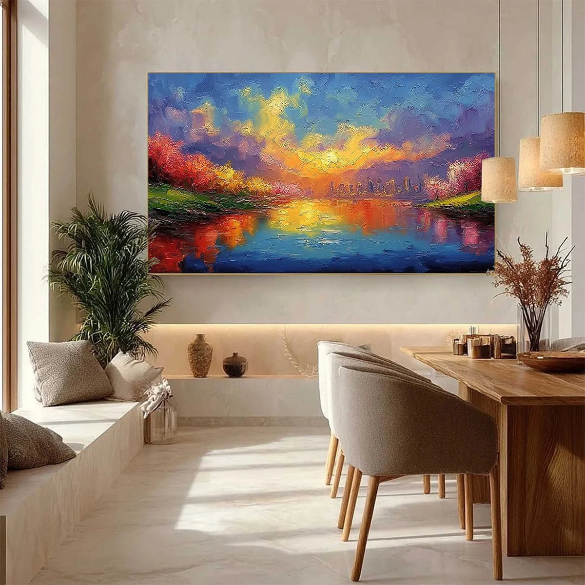 VIBRANT HORIZON: Textured Impasto Cityscape Sunset Painting | gold frame stretched on neutral wall