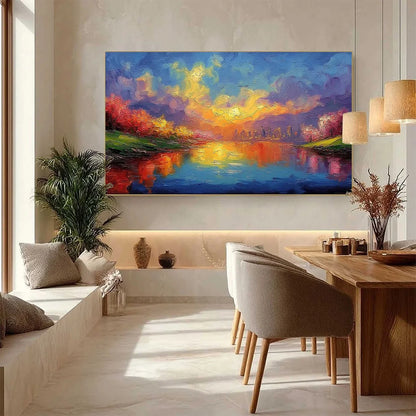 VIBRANT HORIZON: Textured Impasto Cityscape Sunset Painting | gold frame stretched on neutral wall