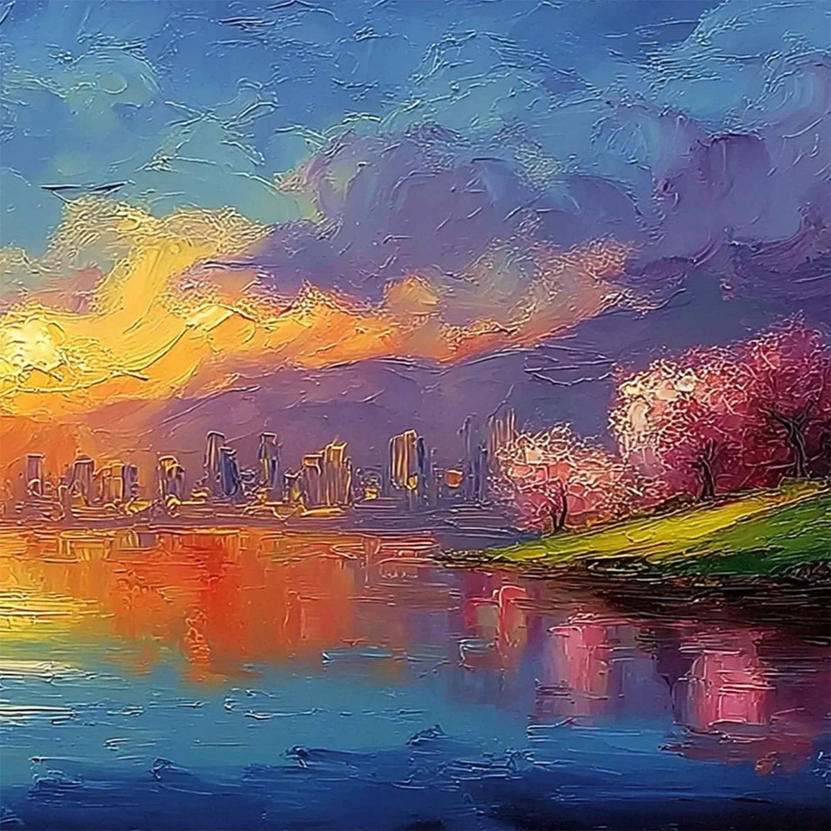 VIBRANT HORIZON: Textured Impasto Cityscape Sunset Painting | rolled canvas, ready for custom framing