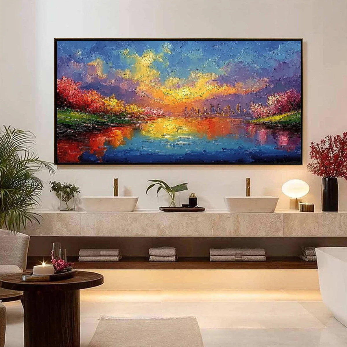 VIBRANT HORIZON: Textured Impasto Cityscape Sunset Painting | black frame version on white wall