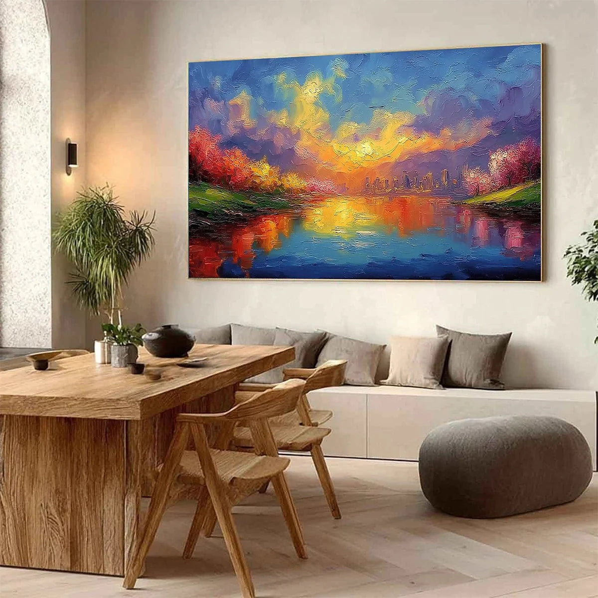 VIBRANT HORIZON: Textured Impasto Cityscape Sunset Painting | vibrant impasto mood, soft natural light studio shot