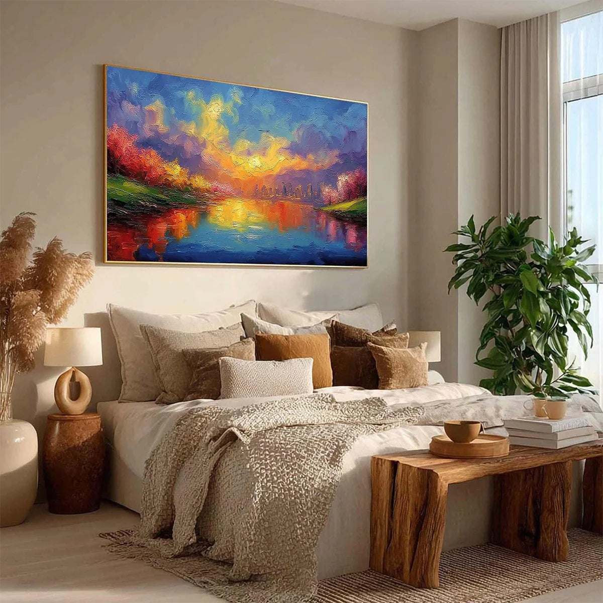 VIBRANT HORIZON: Textured Impasto Cityscape Sunset Painting | orange palette, original office art