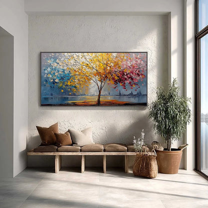 VIBRANT HORIZON: Textured Palette Knife Tree of Life Landscape Painting | Landscape closeup, raised brushwork detail