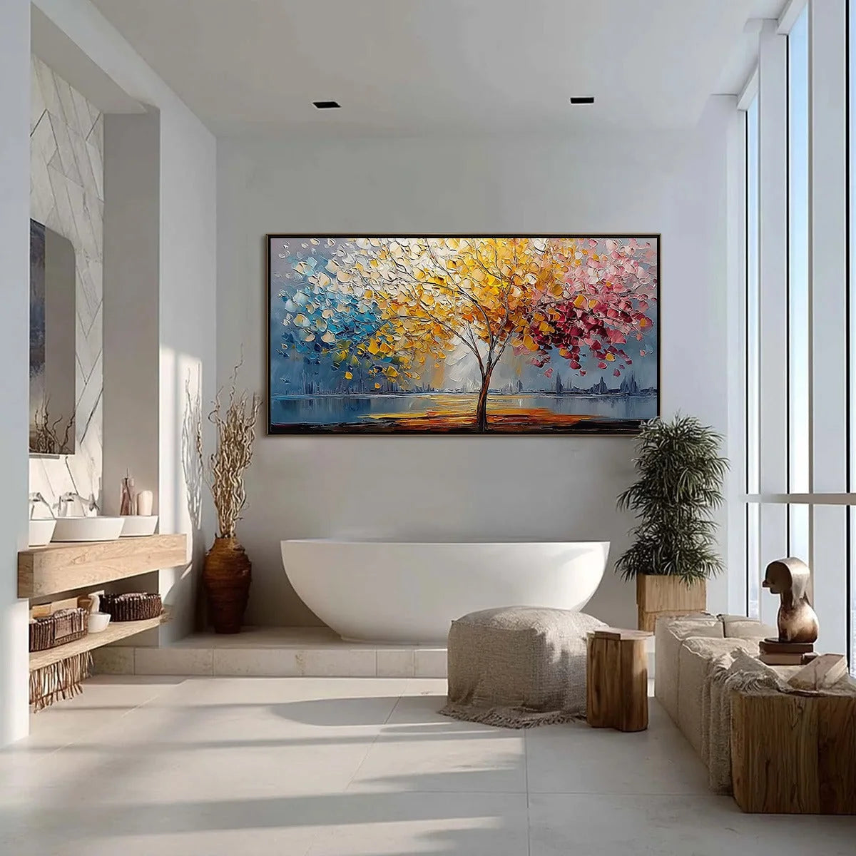 VIBRANT HORIZON: Textured Palette Knife Tree of Life Landscape Painting | gold frame stretched on neutral wall
