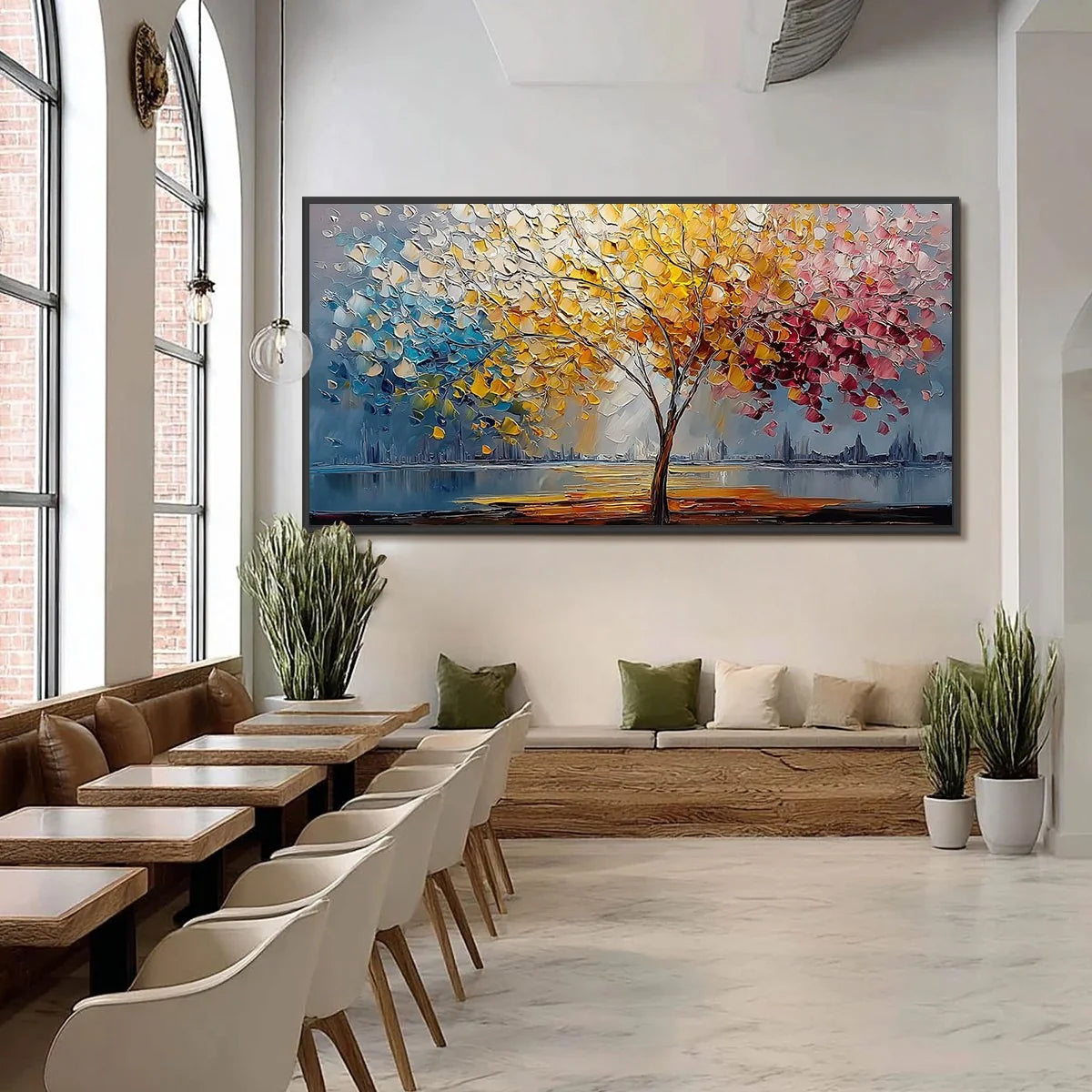 VIBRANT HORIZON: Textured Palette Knife Tree of Life Landscape Painting | black frame version on white wall