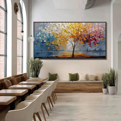 VIBRANT HORIZON: Textured Palette Knife Tree of Life Landscape Painting | black frame version on white wall