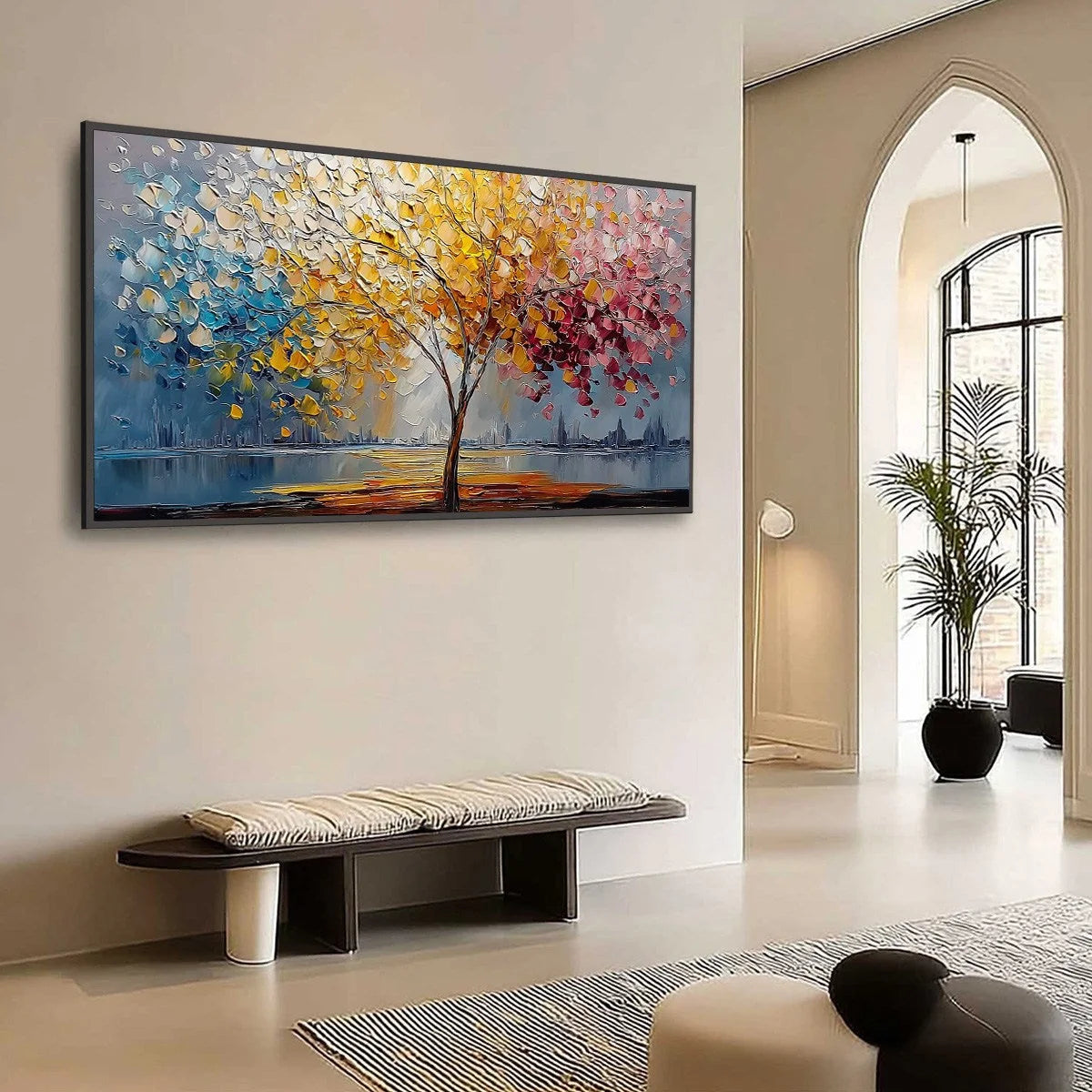 VIBRANT HORIZON: Textured Palette Knife Tree of Life Landscape Painting | Landscape mood, soft natural light studio shot