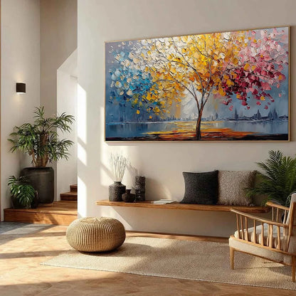 VIBRANT HORIZON: Textured Palette Knife Tree of Life Landscape Painting | yellow palette, original oil on stretched canvas art