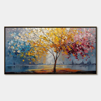 VIBRANT HORIZON: Textured Palette Knife Tree of Life Landscape Painting | hanging in living room, Landscape wall art