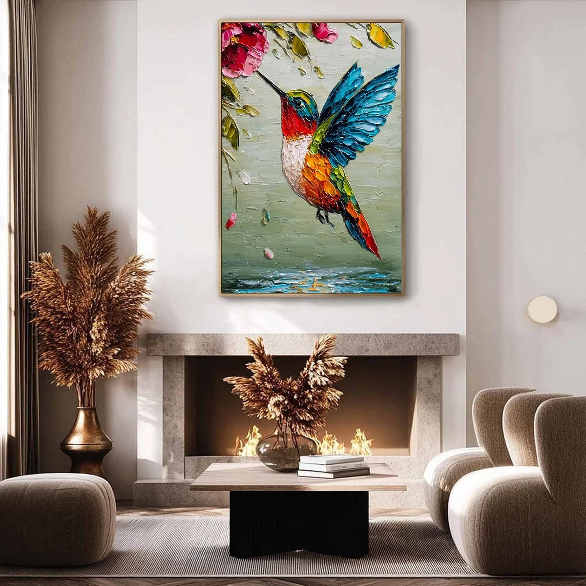 NECTAR FLIGHT: Vibrant Impressionist Hummingbird Floral Oil Painting | gold frame stretched on neutral wall