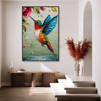 NECTAR FLIGHT: Vibrant Impressionist Hummingbird Floral Oil Painting | black frame version on white wall