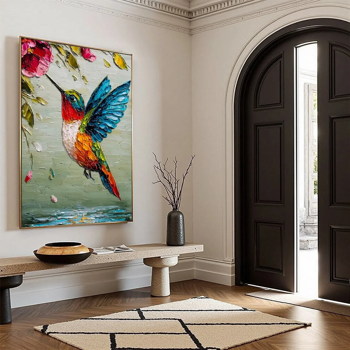 NECTAR FLIGHT: Vibrant Impressionist Hummingbird Floral Oil Painting | Impressionist mood, soft natural light studio shot