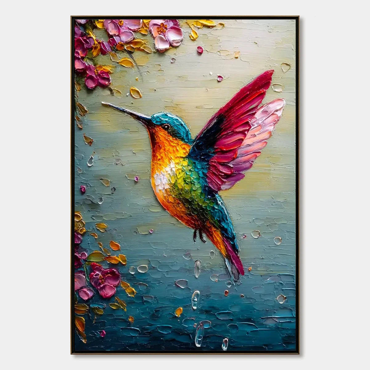 NECTAR FLIGHT: Vibrant Impressionist Hummingbird Floral Oil Painting | hanging in living room, Impressionist wall art