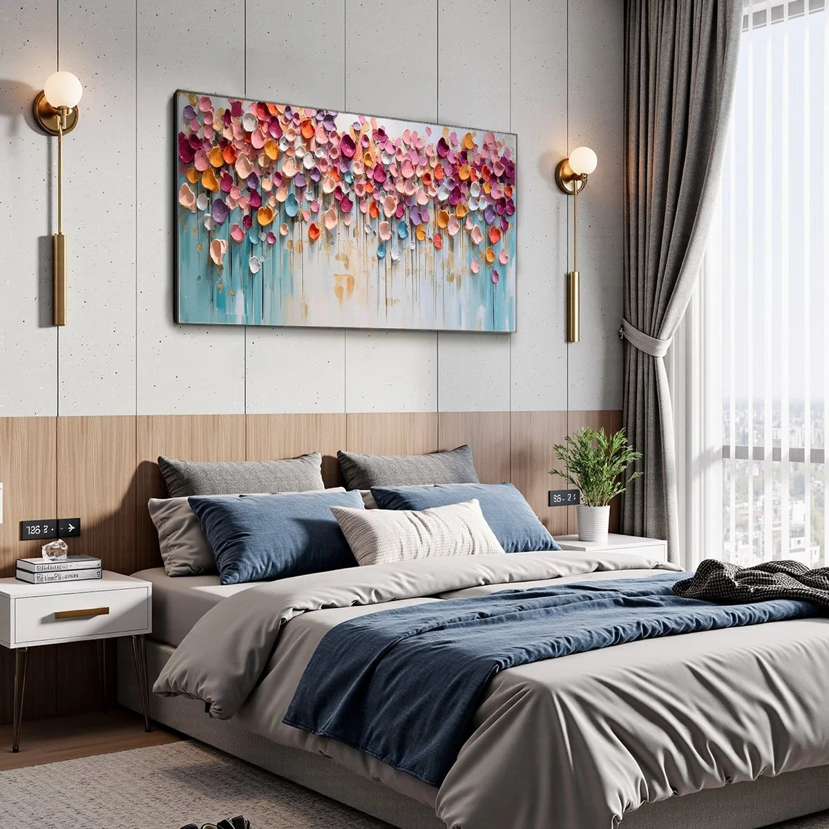 Vibrant Petals-A Burst of Colors in Oil Painting | gold frame stretched on neutral wall