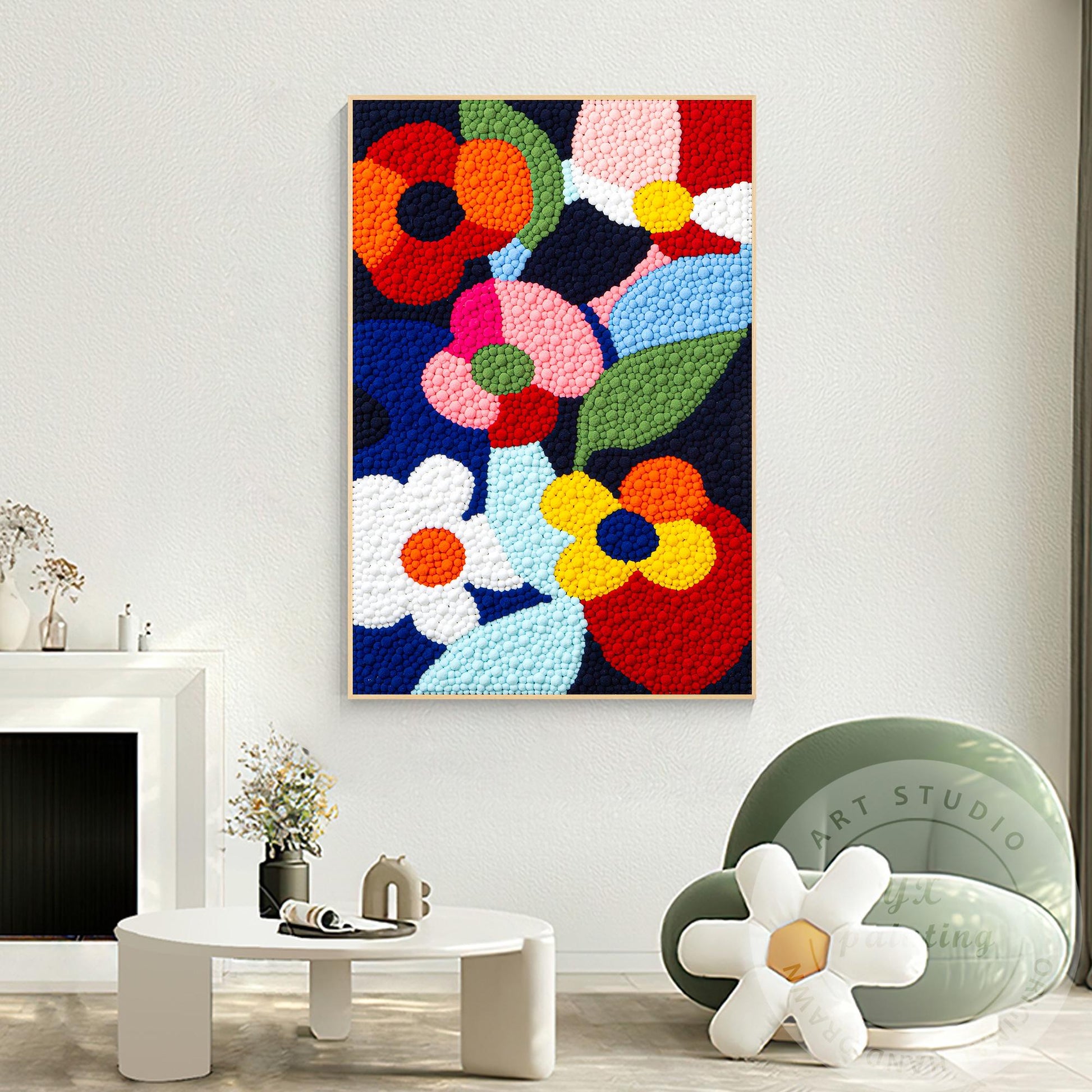 Vibrant Punch Needle Flower Art, Yarn Ball Texture Painting, Handmade Tufted Wal #2