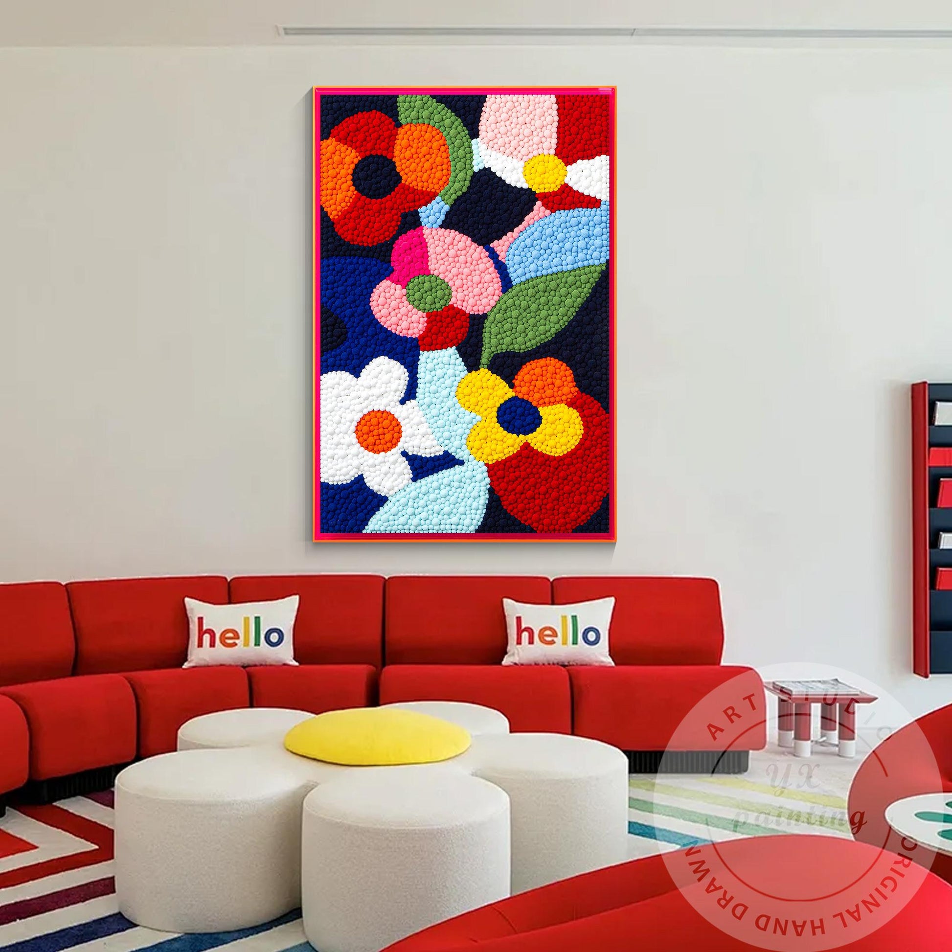 Vibrant Punch Needle Flower Art, Yarn Ball Texture Painting, Handmade Tufted Wal #3
