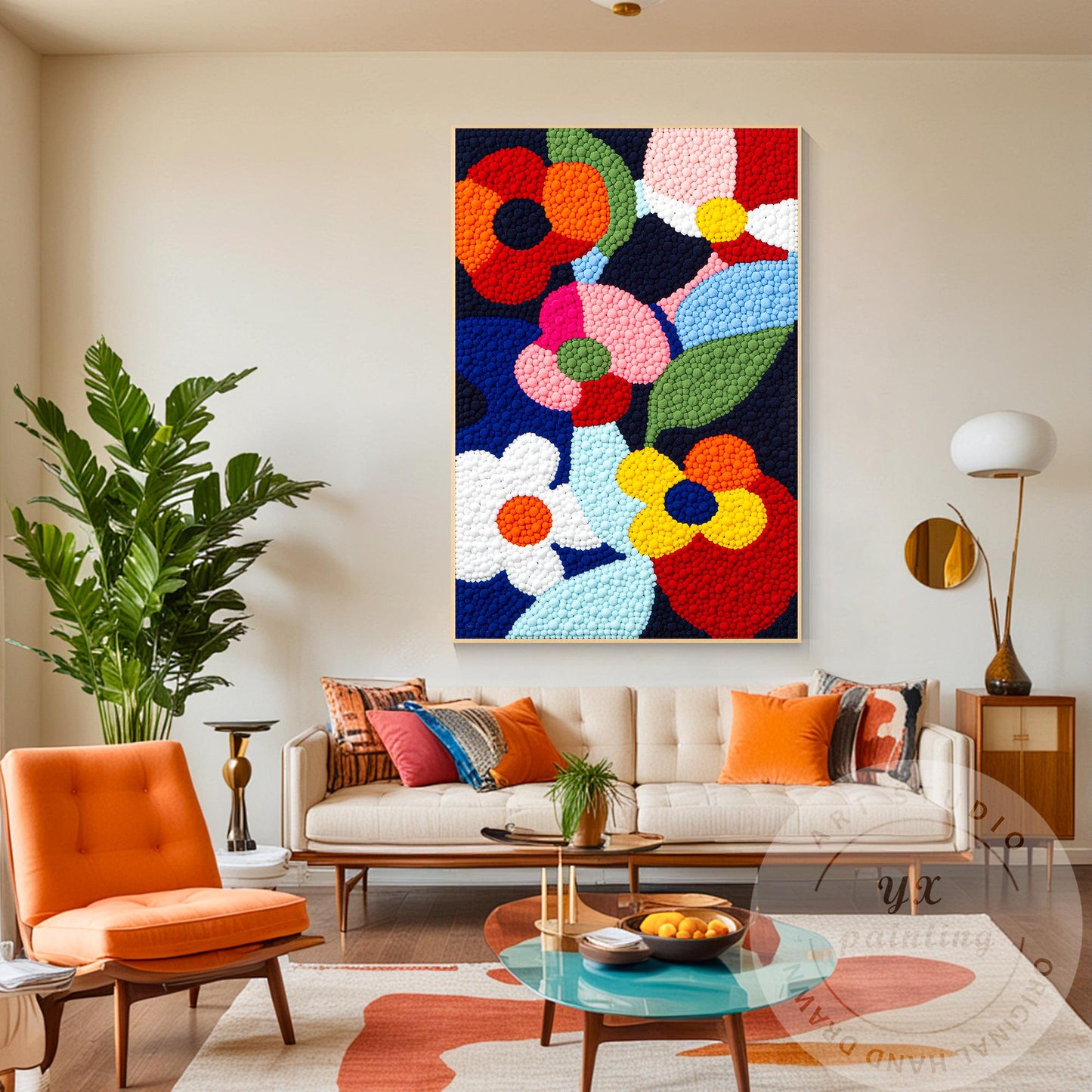Vibrant Punch Needle Flower Art, Yarn Ball Texture Painting, Handmade Tufted Wal #4