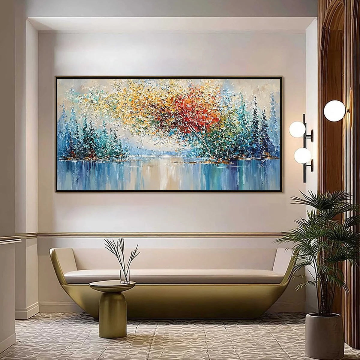 VIBRANT REFLECTIONS: Colorful Textured Impasto Forest and Lake Painting | Figurative closeup, raised brushwork detail