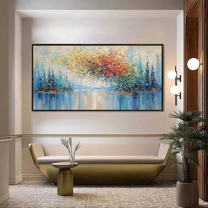 VIBRANT REFLECTIONS: Colorful Textured Impasto Forest and Lake Painting | Figurative closeup, raised brushwork detail