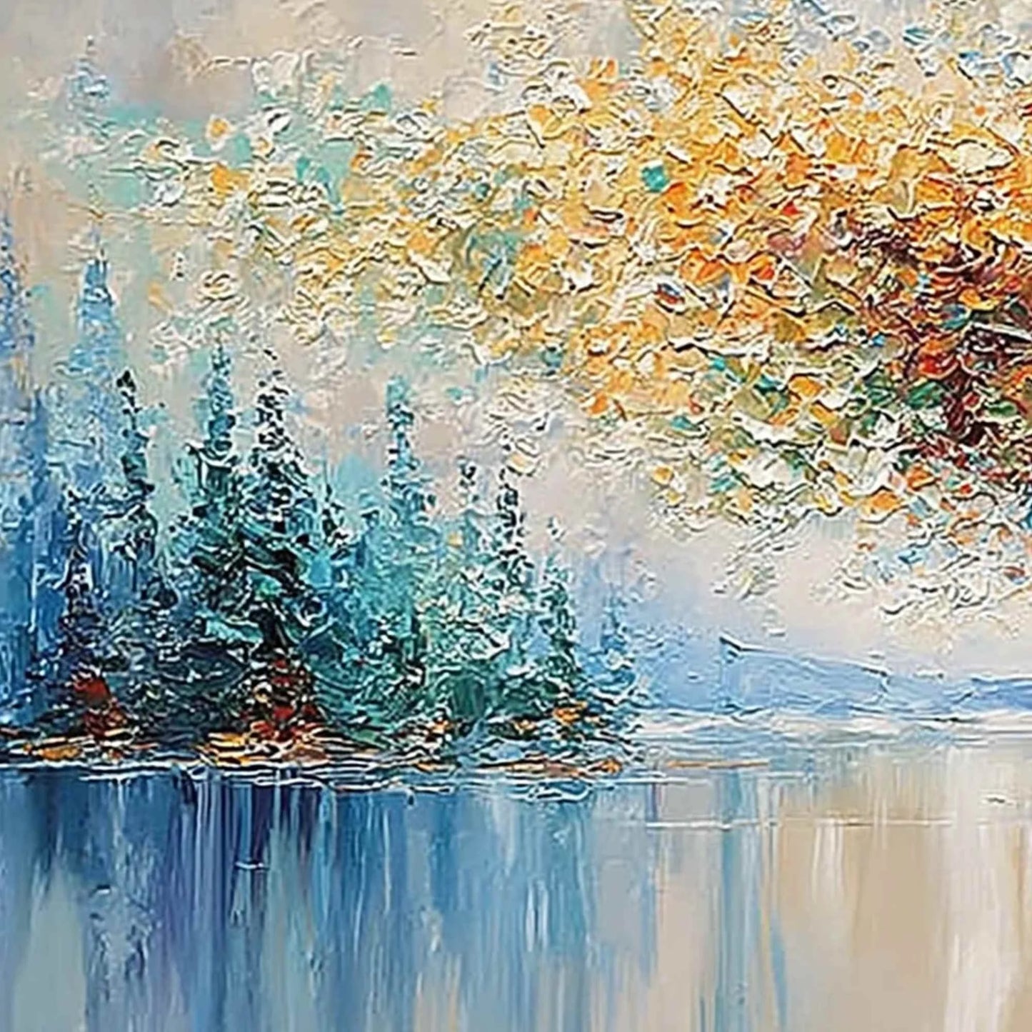 VIBRANT REFLECTIONS: Colorful Textured Impasto Forest and Lake Painting | rectangular format, hand-painted canvas edge