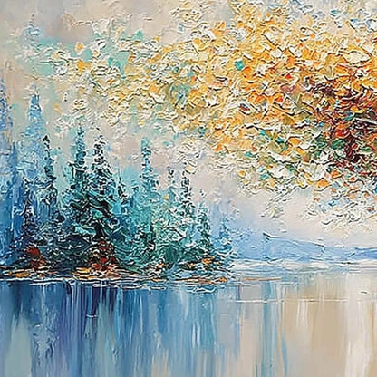 VIBRANT REFLECTIONS: Colorful Textured Impasto Forest and Lake Painting | rectangular format, hand-painted canvas edge