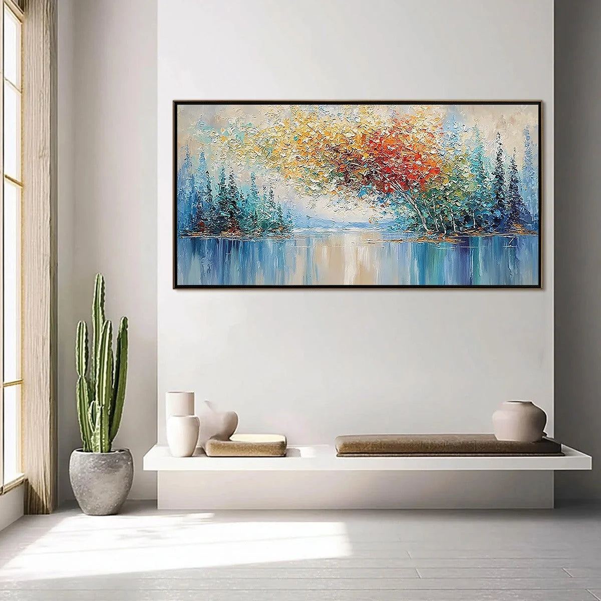 VIBRANT REFLECTIONS: Colorful Textured Impasto Forest and Lake Painting | gold frame stretched on neutral wall