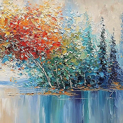 VIBRANT REFLECTIONS: Colorful Textured Impasto Forest and Lake Painting | rolled canvas, ready for custom framing