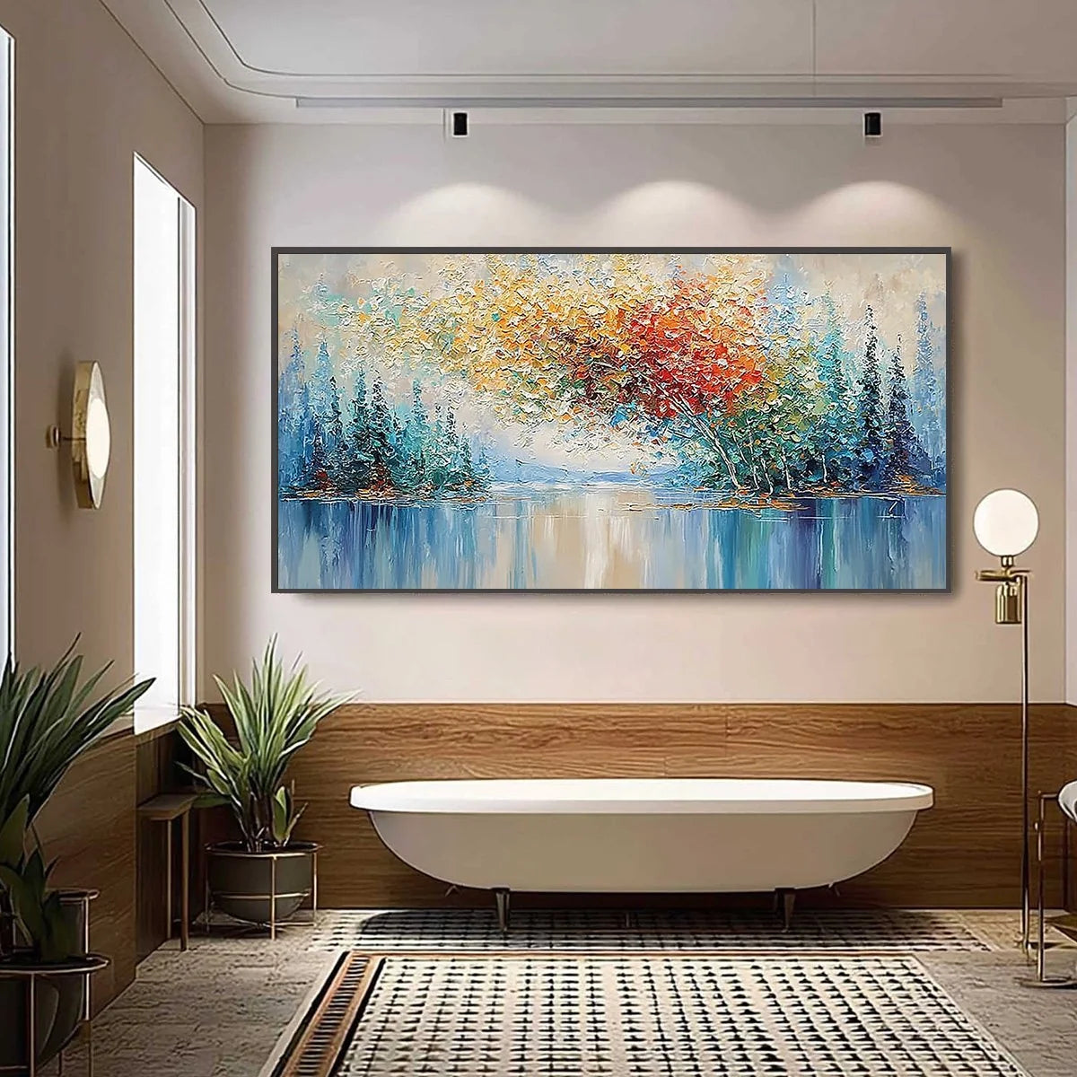 VIBRANT REFLECTIONS: Colorful Textured Impasto Forest and Lake Painting | black frame version on white wall