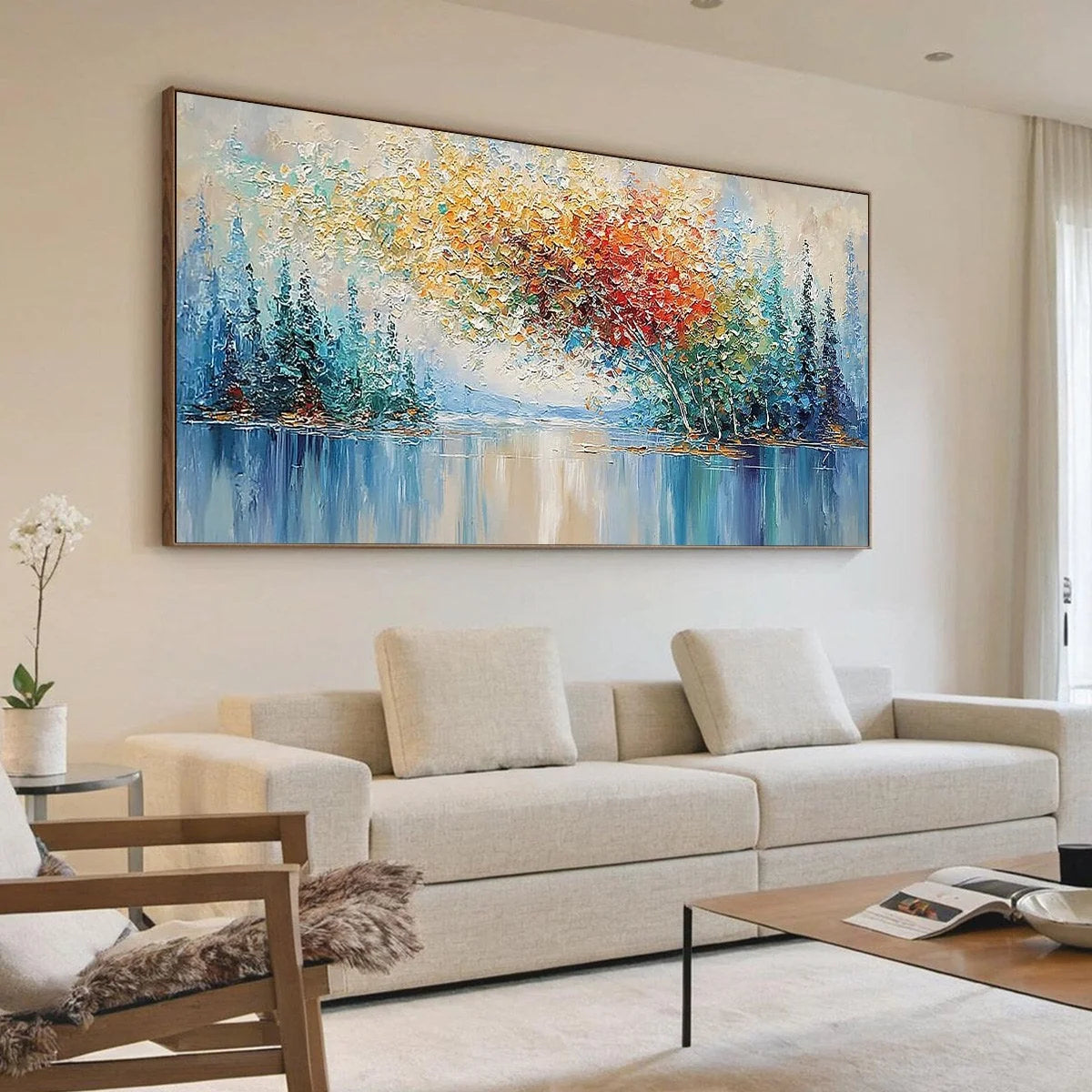 VIBRANT REFLECTIONS: Colorful Textured Impasto Forest and Lake Painting | Figurative mood, soft natural light studio shot